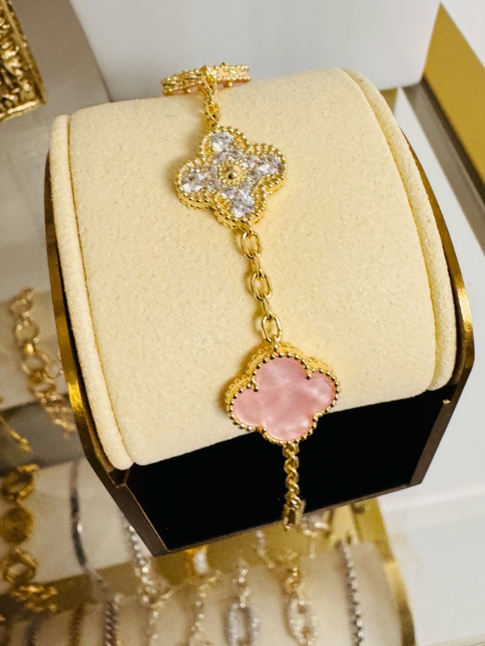 Gold Chain Bracelet with Pink Clover Accents - Picture 8 of 11